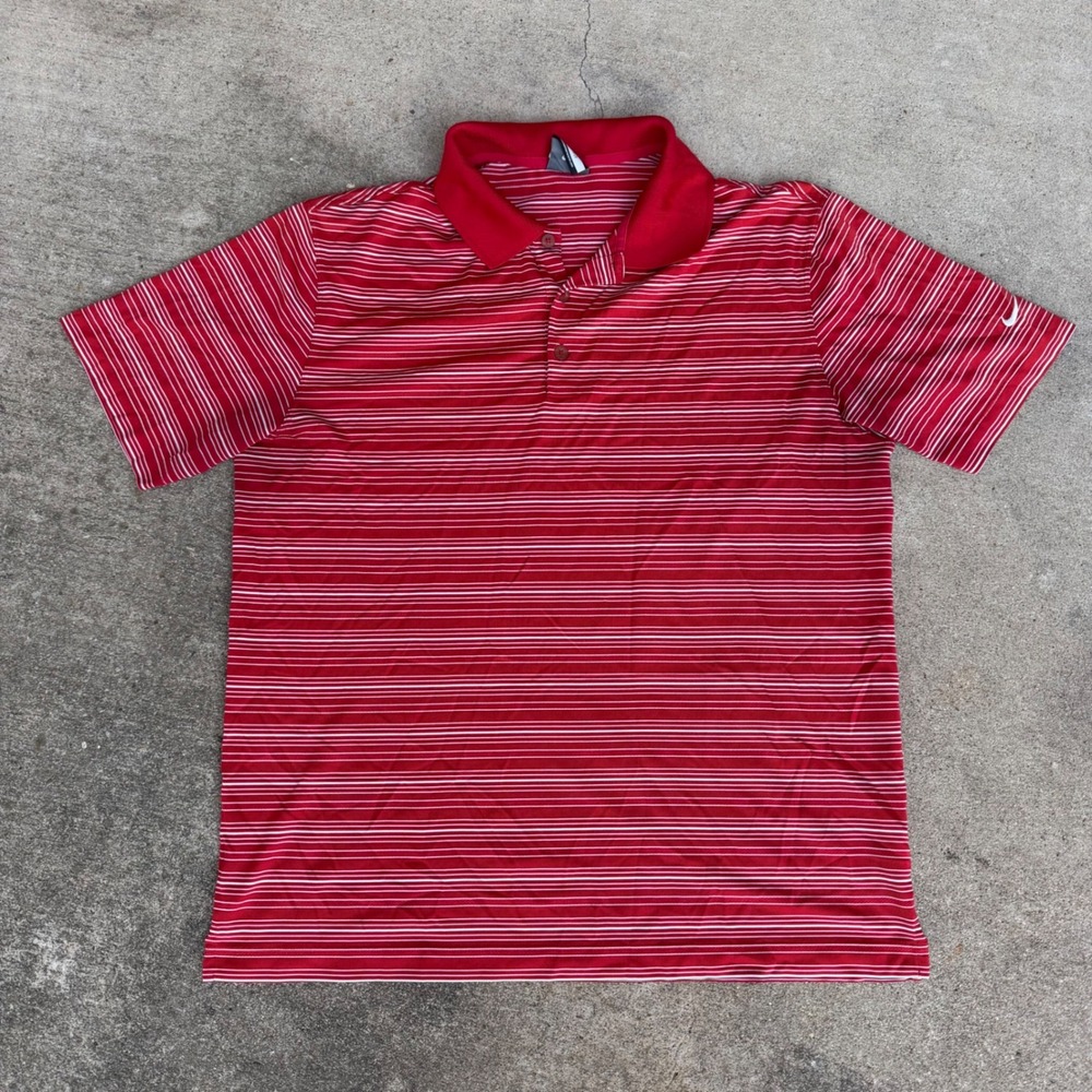 Nike Golf Dri-FIT Polo Shirt Mens Large Red White Striped Short Sleeve Swoosh